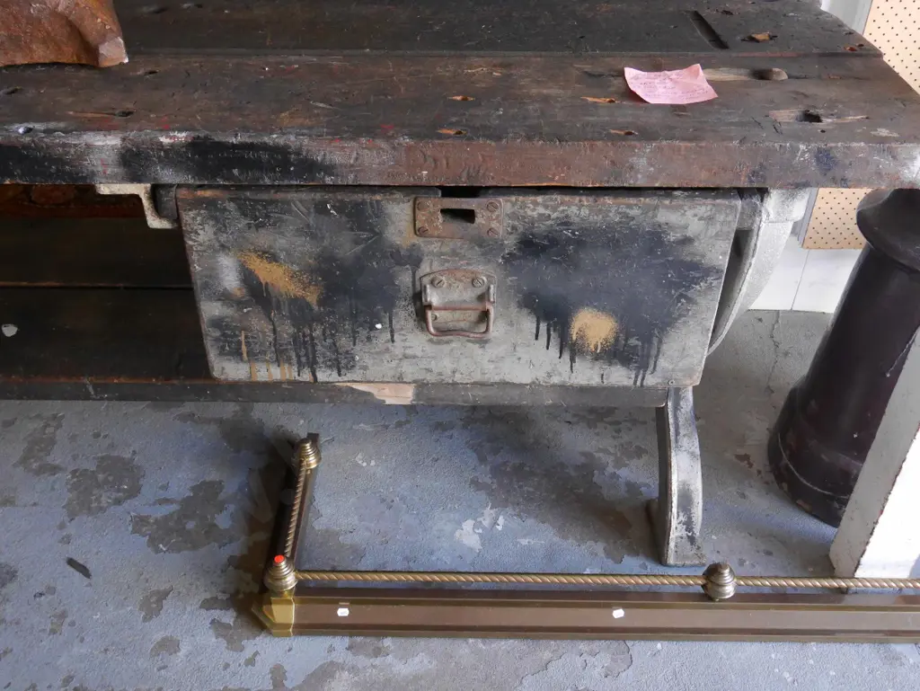 ex-Hillside workshop large heavy duty workbench - timber with cast iron legs and large drawer H840 L2280 W1050 Image 1++