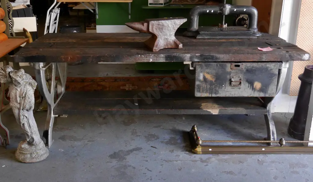 ex-Hillside workshop large heavy duty workbench - timber with cast iron legs and large drawer H840 L2280 W1050 Image 1++