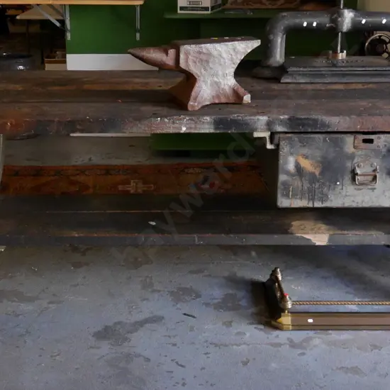 ex-Hillside workshop large heavy duty workbench - timber with cast iron legs and large drawer H840 L2280 W1050