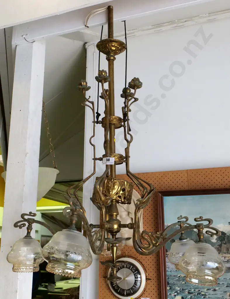 ornate nouveau style brass 5-light ceiling light fitting with 6 frilled gilt and frosted shades H-1100 Diameter 650 Image 1++