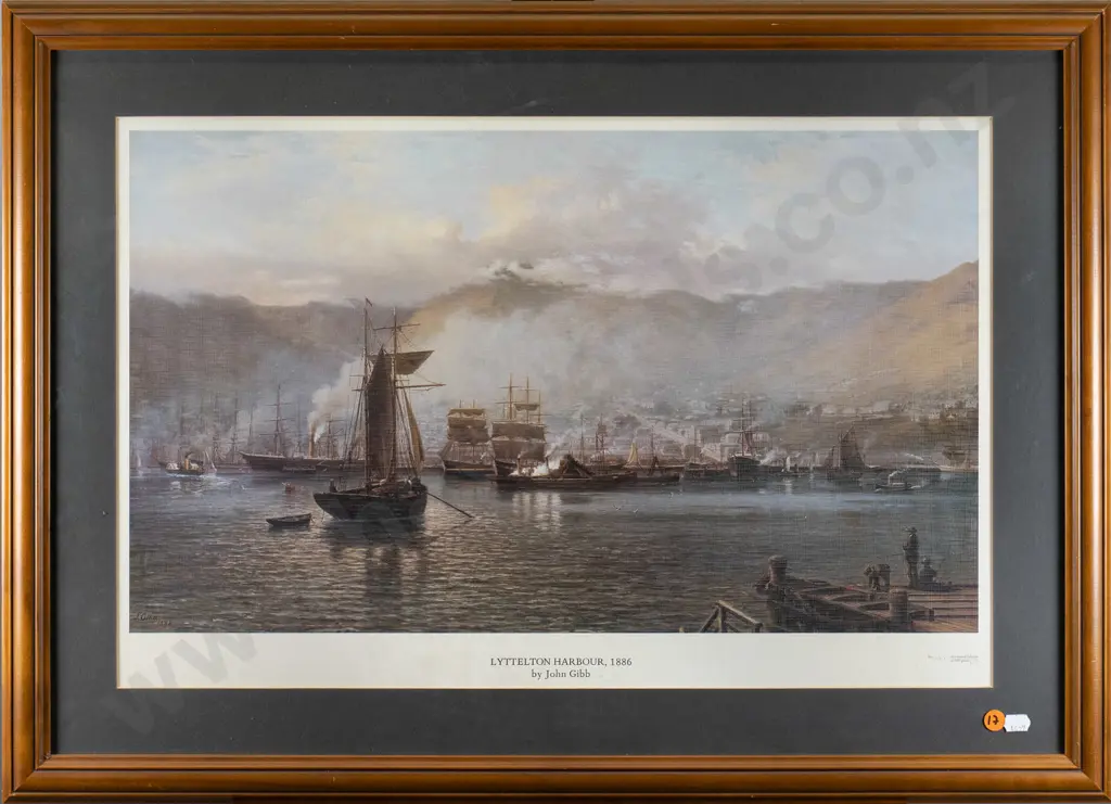 framed historic John Gibbs print  "Lyttleton Harbour" 1886 H-330 W-570 Image 1++