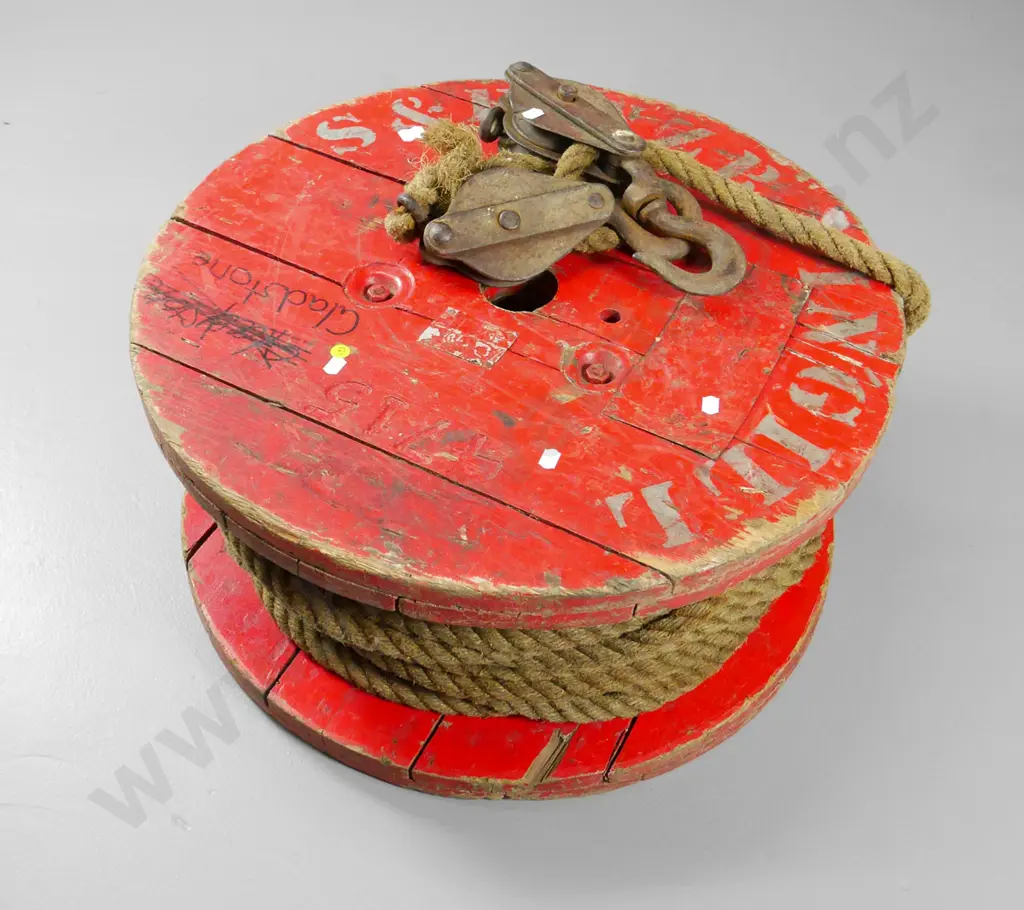 large wooden reel with rope & pulley - NZR Signals & Electric Invercargill markings - diameter 590 Image 1++
