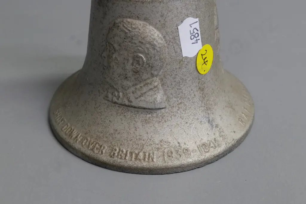 cast aluminium bell "cast in metal from German Aircraft -  RAF Benevolent Fund" H160 Image 1++