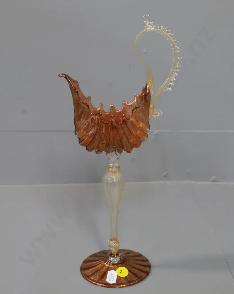 delicate Murano style hand-blown stemmed vase - scallop shaped metallic lustre and clear base H-300 Image 1++