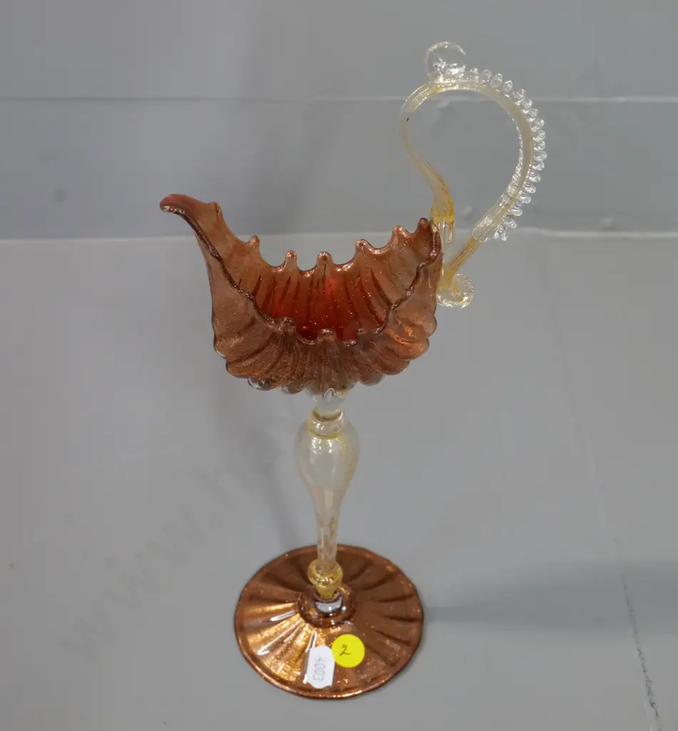 delicate Murano style hand-blown stemmed vase - scallop shaped metallic lustre and clear base H-300 Image 1++