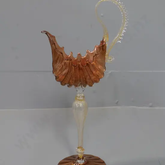 delicate Murano style hand-blown stemmed vase - scallop shaped metallic lustre and clear base H-300