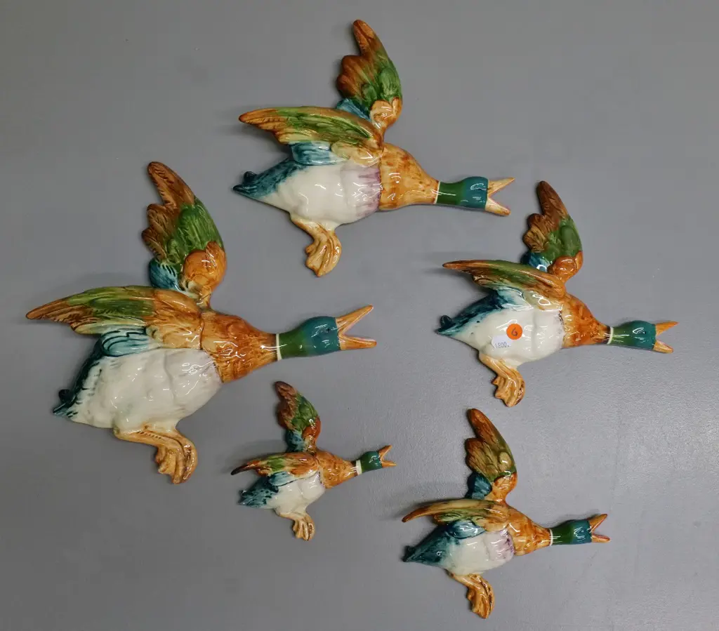 set of 5 Beswick wall hanging flying ducks - largest one H-300 L-300 has mend to wing Image 1++