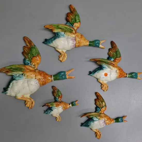 set of 5 Beswick wall hanging flying ducks - largest one H-300 L-300 has mend to wing
