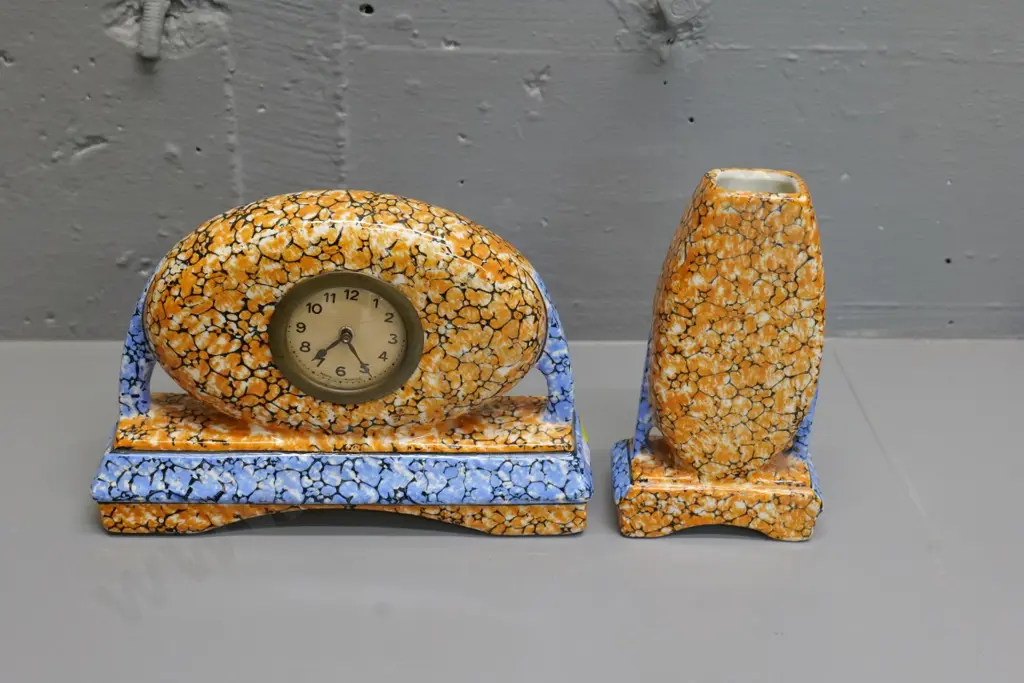 deco French fine floral pattern porcelain cased mantel clock H-160 W-220 and matching vase Image 1++