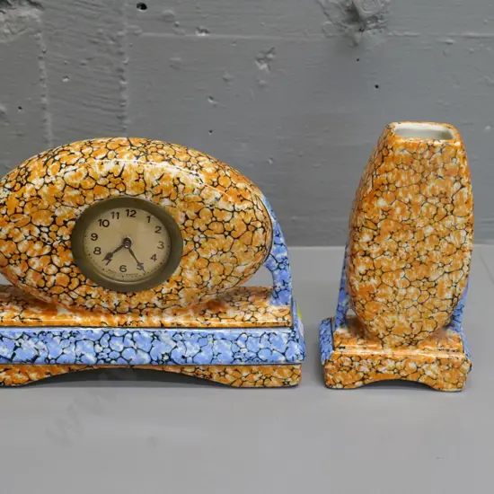 deco French fine floral pattern porcelain cased mantel clock H-160 W-220 and matching vase