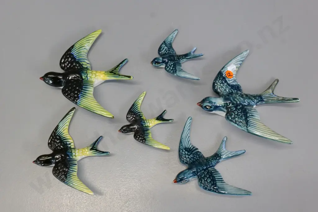 2 sets of 3 wall hanging flying swallows - marked 'Ocean' hand painted, smallest yellow has mend, largest H-180 L-160 Image 1++