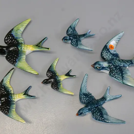 2 sets of 3 wall hanging flying swallows - marked 'Ocean' hand painted, smallest yellow has mend, largest H-180 L-160