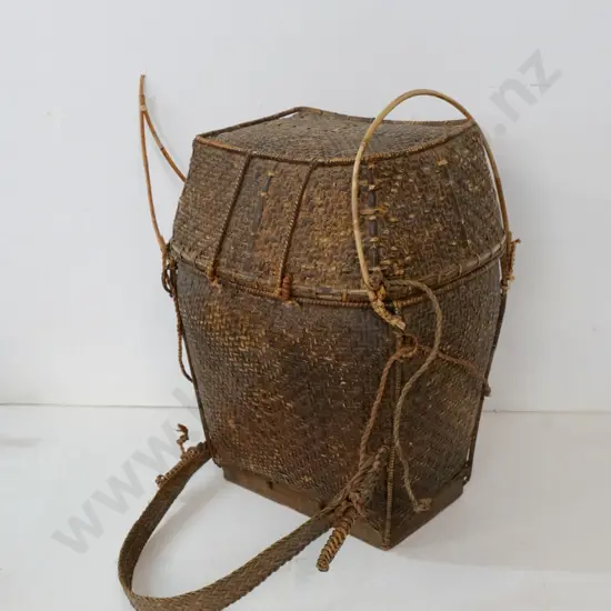 woven cane & bamboo carrying basket from Laos - one handle broken H-500 W-330