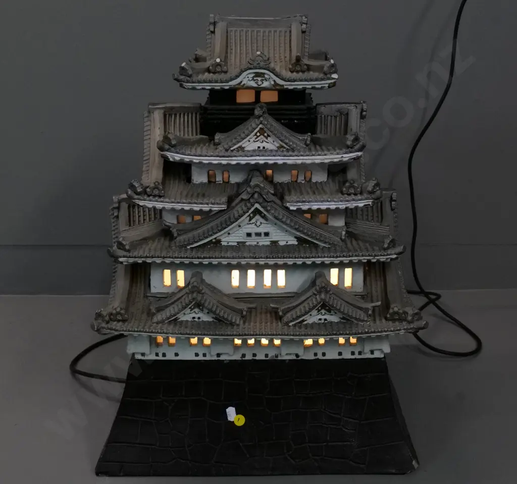 large painted ceramic illuminated temple model -  plastic windows - in 4 pieces. Chips to base. H-580 W-400 D-360 Image 1++