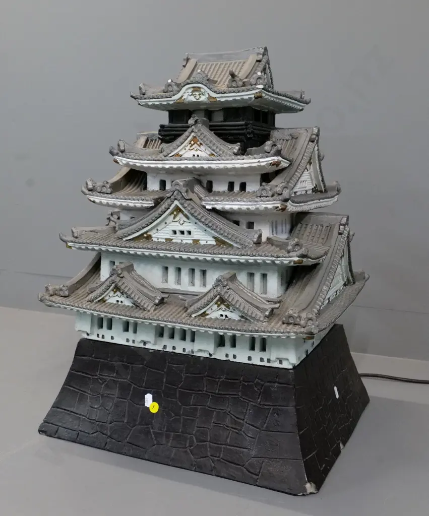 large painted ceramic illuminated temple model -  plastic windows - in 4 pieces. Chips to base. H-580 W-400 D-360 Image 1++