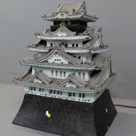 large painted ceramic illuminated temple model -  plastic windows - in 4 pieces. Chips to base. H-580 W-400 D-360