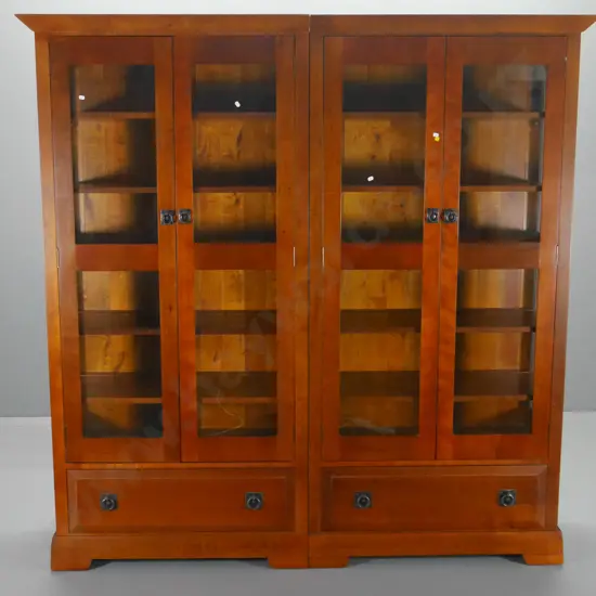 rimu double case display cabinet with glazed sides, 4 doors, 2 drawers, metal handles H-1870 W-1840 D-460