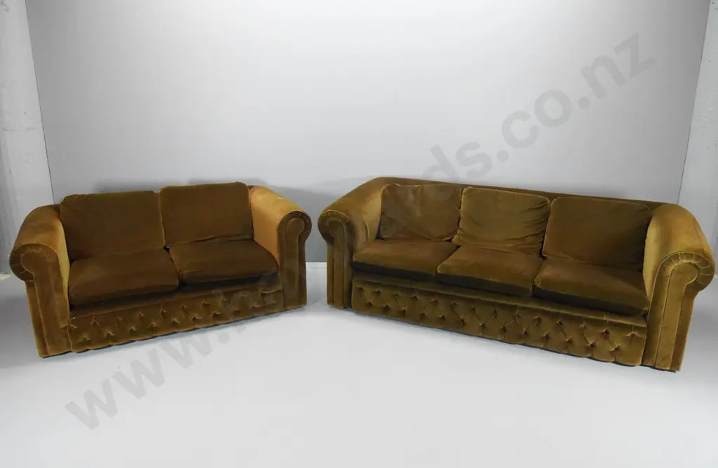 2 & 3-seater rolled arm chesterfield settees w/ deep button border, loose back cushions, some marks to velvet Image 1++
