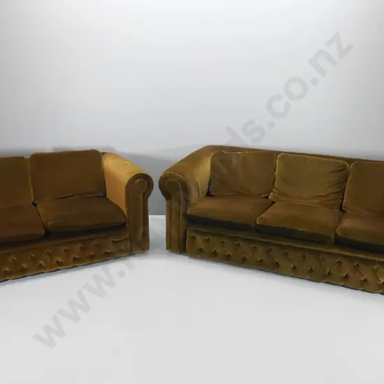 2 & 3-seater rolled arm chesterfield settees w/ deep button border, loose back cushions, some marks to velvet