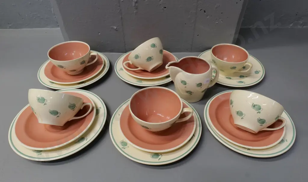 6 Susie Cooper trios and a milk jug - one saucer missing Image 1++
