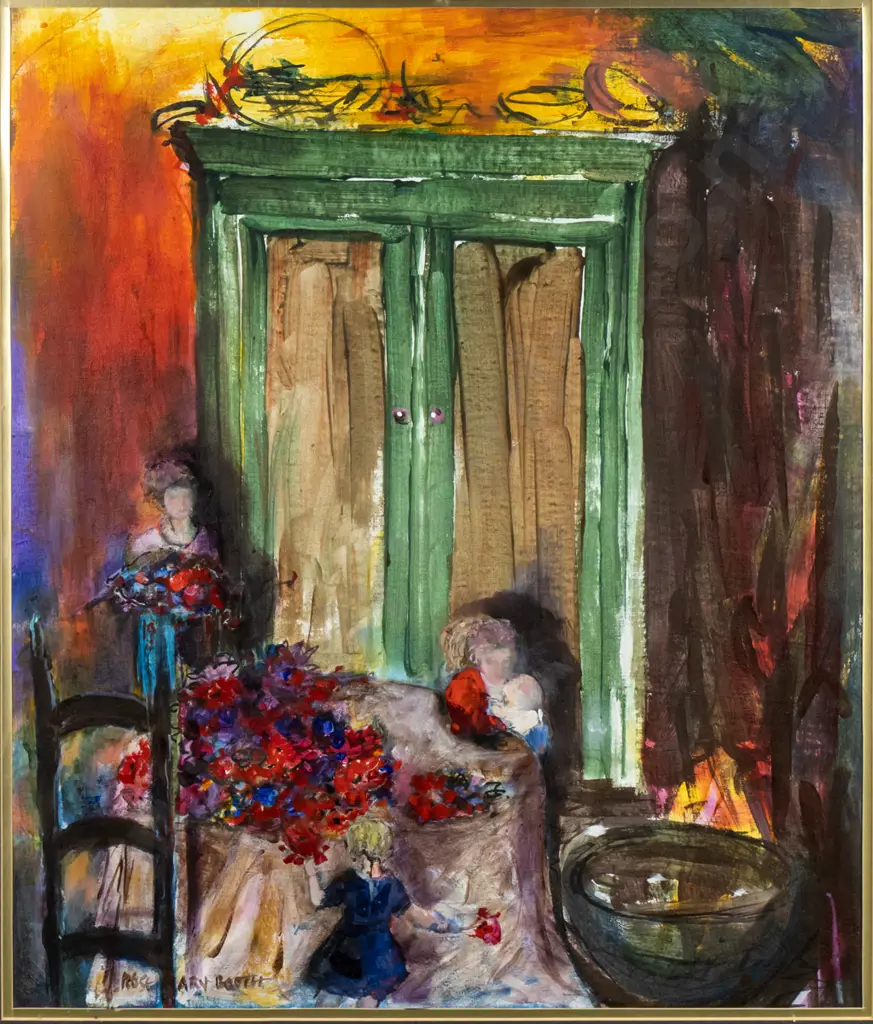 Rosemary Booth - framed mixed media people around table H-630 W-530 Image 1++