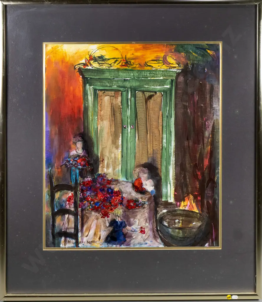 Rosemary Booth - framed mixed media people around table H-630 W-530 Image 1++