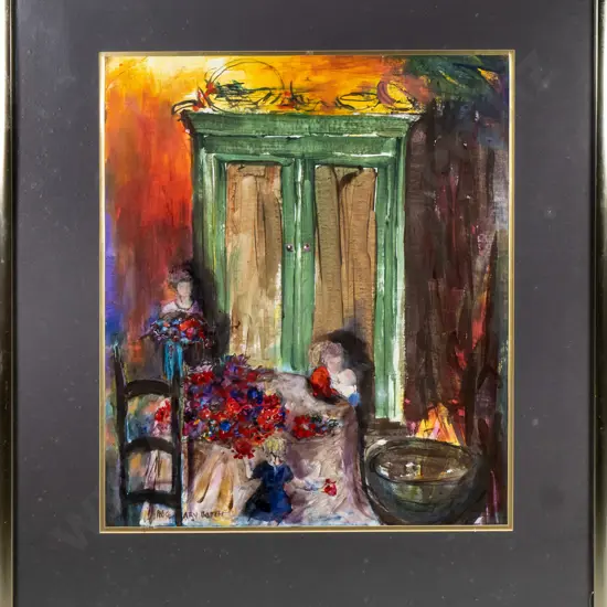 Rosemary Booth - framed mixed media people around table H-630 W-530
