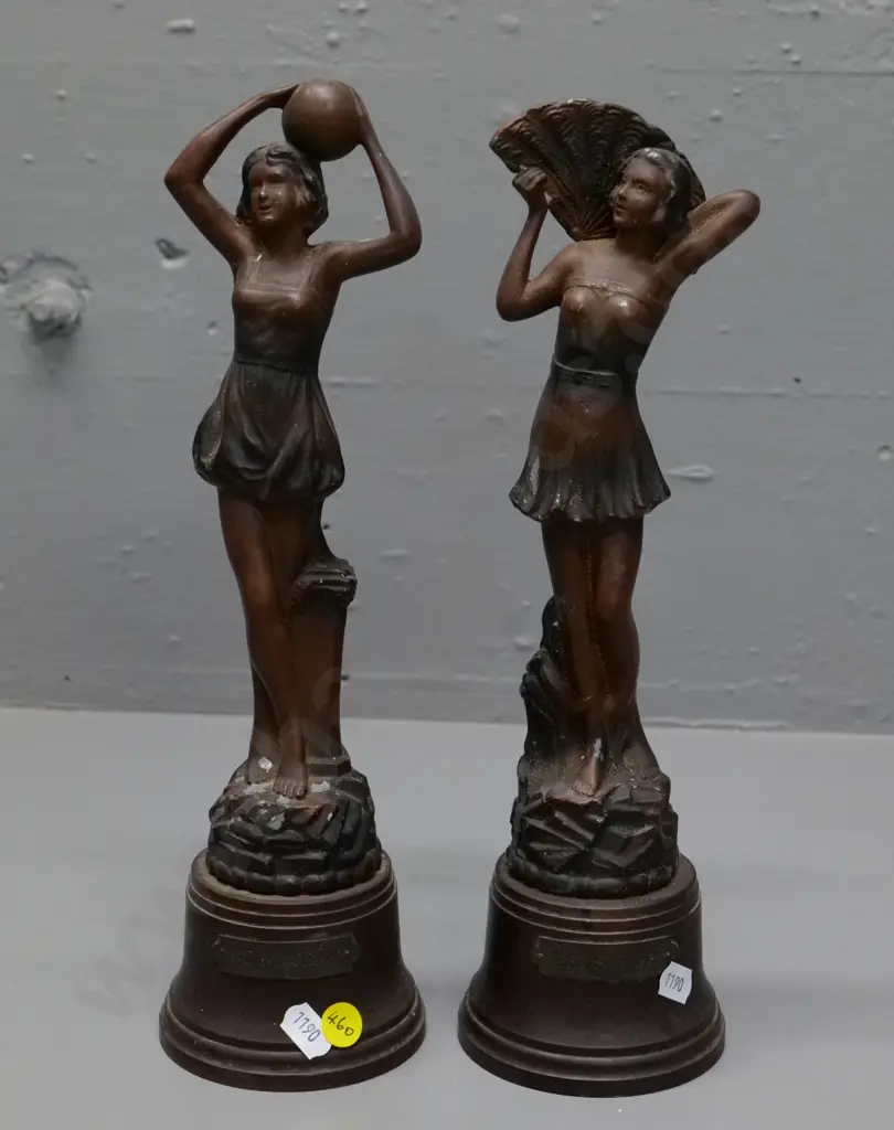 pair of nouveau style figures - bronze finish cast metal on bakelite base - Le Matin and Le Soir, some finish wear H310 Image 1++