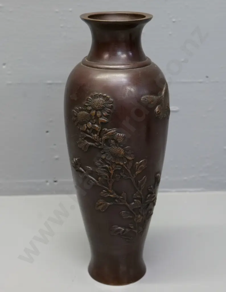 cast brass oriental vase with bronze finish, floral & bird relief pattern, dent to side H-275 Image 1++