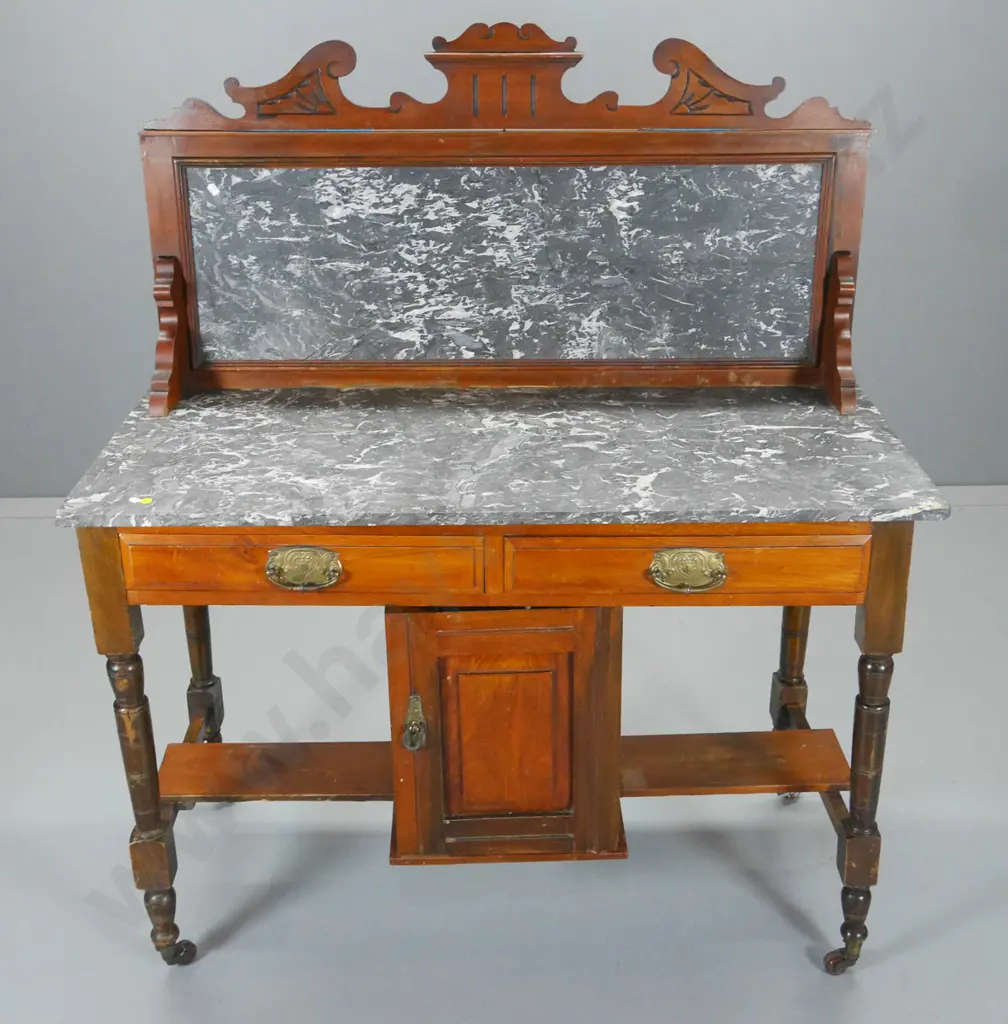 vintage wash-stand w/marble top & back, carved lintel, 2 drawer, cupboard, porcelain casters. H1260 W1070 D190 Image 1++