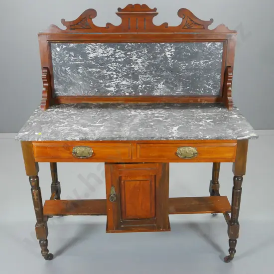 vintage wash-stand w/marble top & back, carved lintel, 2 drawer, cupboard, porcelain casters. H1260 W1070 D190