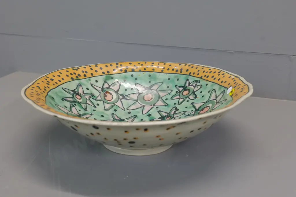 studio pottery hand painted large bowl - spiral and 'JH '91' mark - D-370 Image 1++