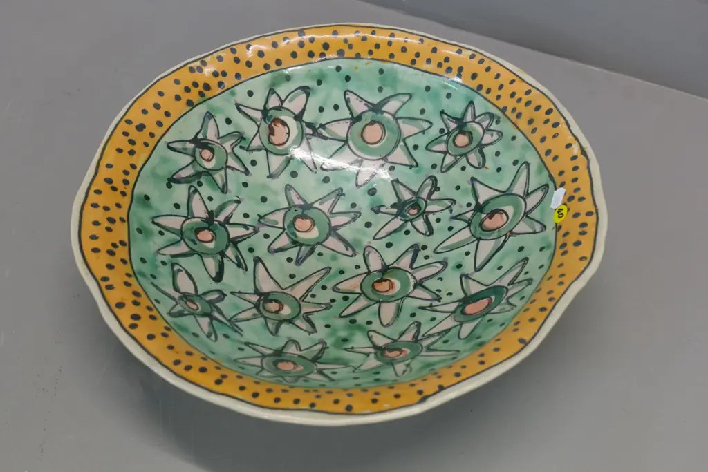 studio pottery hand painted large bowl - spiral and 'JH '91' mark - D-370 Image 1++