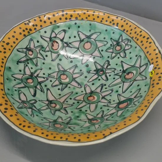 studio pottery hand painted large bowl - spiral and 'JH '91' mark - D-370