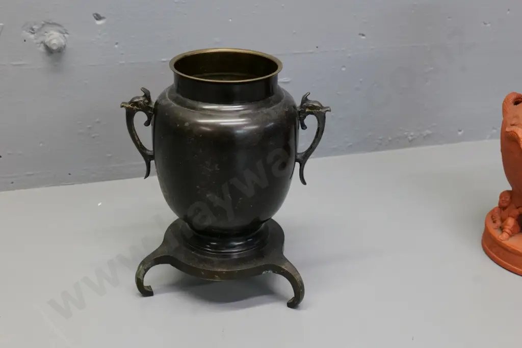 Chinese bronze? footed urn with dragon handles, ebonised finish  - some rubbing to finish H-240 W-200 Image 1++