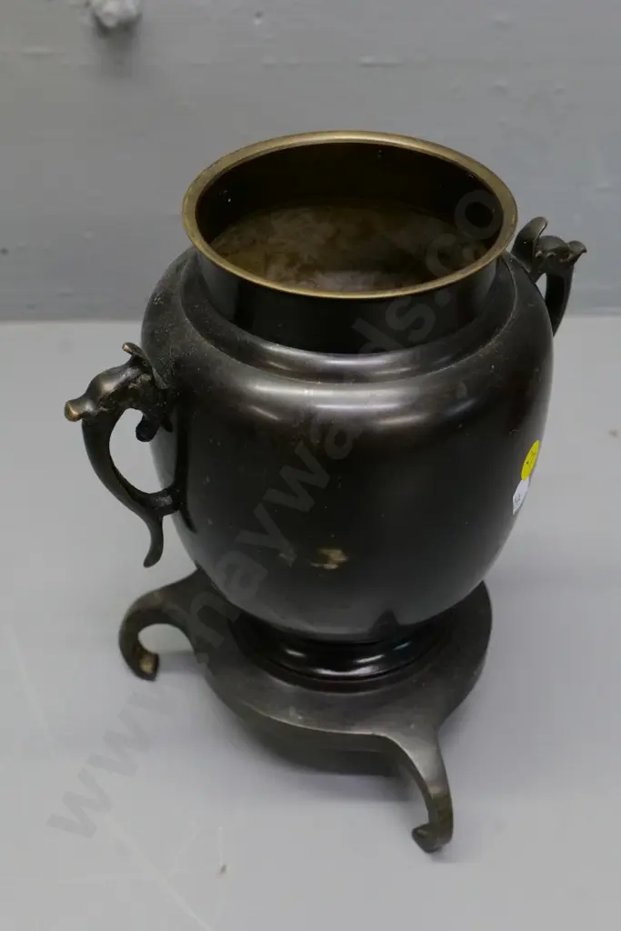Chinese bronze? footed urn with dragon handles, ebonised finish  - some rubbing to finish H-240 W-200 Image 1++