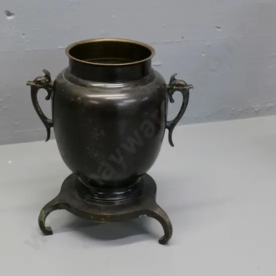 Chinese bronze? footed urn with dragon handles, ebonised finish  - some rubbing to finish H-240 W-200