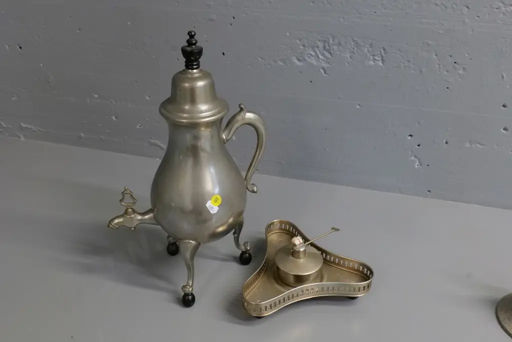 C.Kurz & Co Dutch pewter coffee pot on tray with spirit heater H-390 W-190 Image 1++