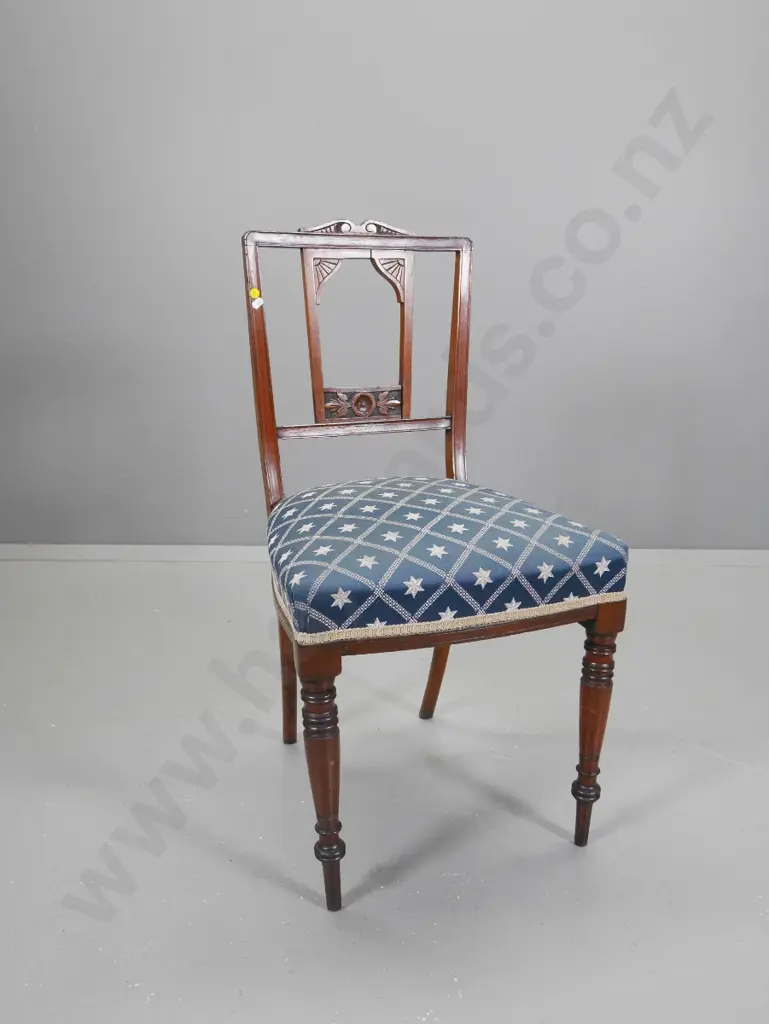 Edwardian mahogany framed dining chair w/ carved back, damask upholstered seat, some movement in joints H870 W450 D440 Image 1++