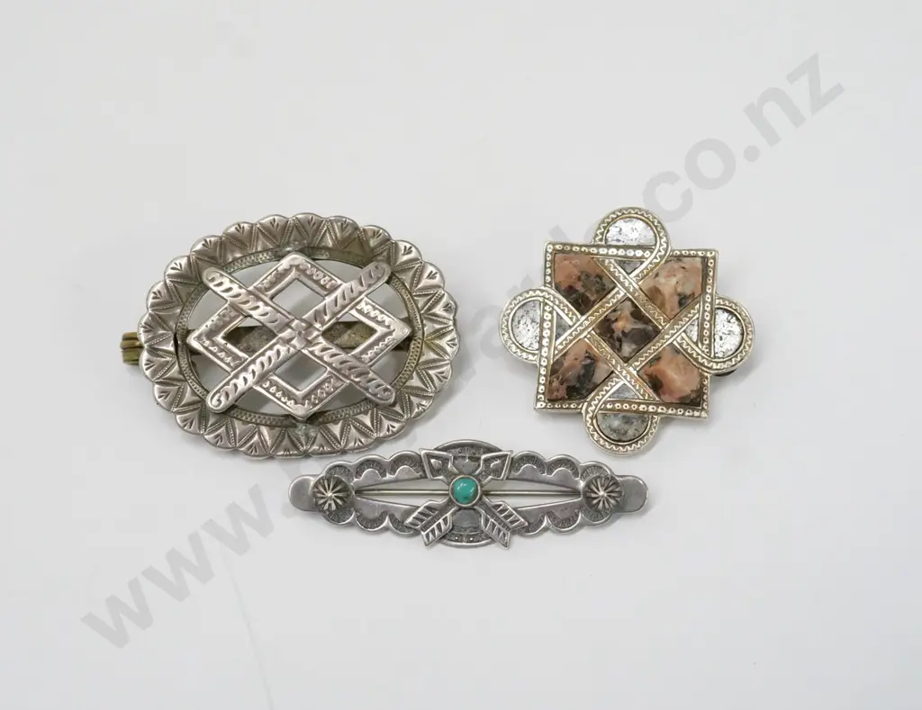 silver turquoise brooch [stamped sterling], agate brooch & silver brooch no markings Image 1++