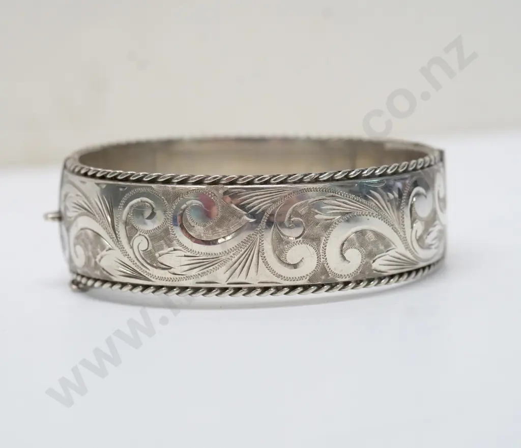 silver engraved [bottom half plain] bangle with safety chain stamped H&S stg sil Image 1++