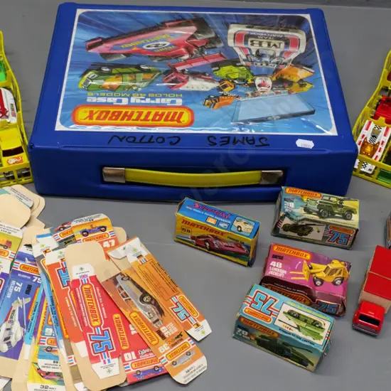 very large collection of mostly Matchbox die-cast vehicles & carry case, w/ flattened boxes for some, conditions good.