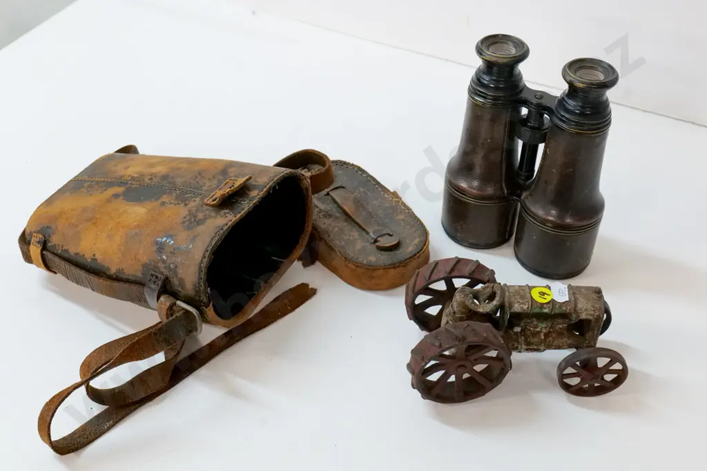 restorer's toy tractor with metal wheels, driver has lost his head, & vintage binoculars in worn leather case Image 1++