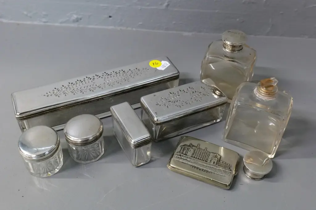 glass dressing table items with plated tops incl 2 stoppered, & a Stourport souvenir vesta case - some chips to glass Image 1++