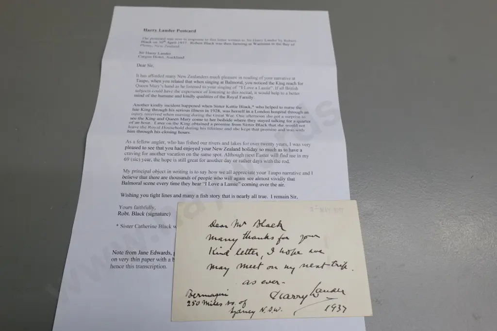 signed 1937 photo postcard of Harry Lauder with transcription of letter from New Zealander, on a fishing theme Image 1++