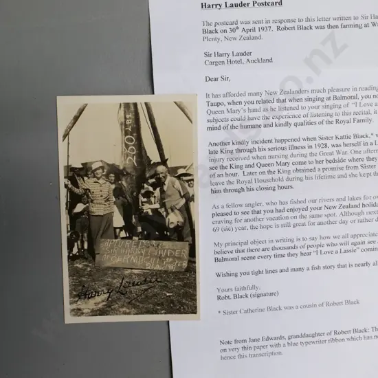 signed 1937 photo postcard of Harry Lauder with transcription of letter from New Zealander, on a fishing theme