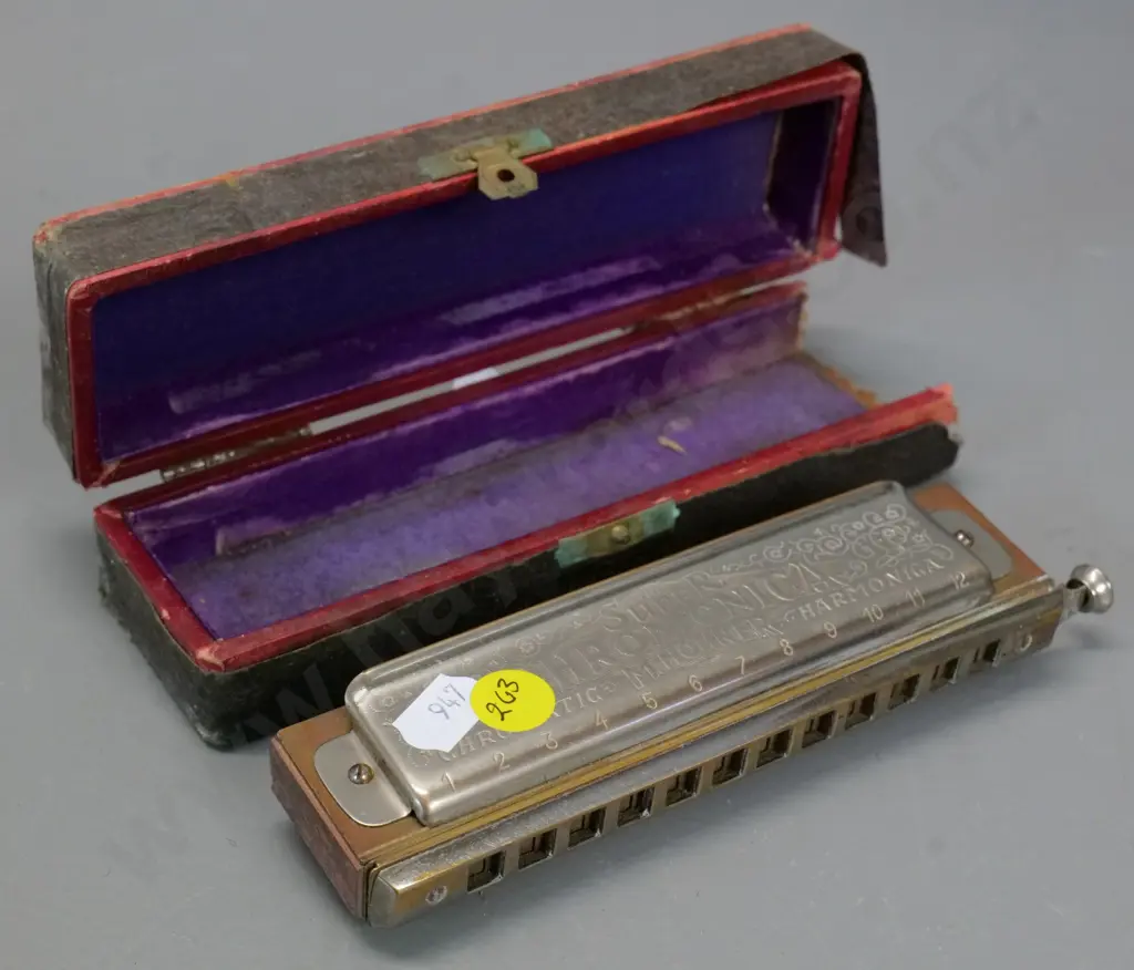 Hohner Super Chromonica No.260 harmonica - key shift mechanism is working. Damage and wear to original box. Image 1++