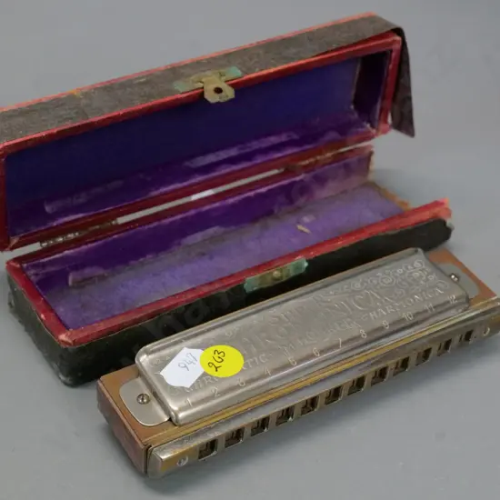 Hohner Super Chromonica No.260 harmonica - key shift mechanism is working. Damage and wear to original box.