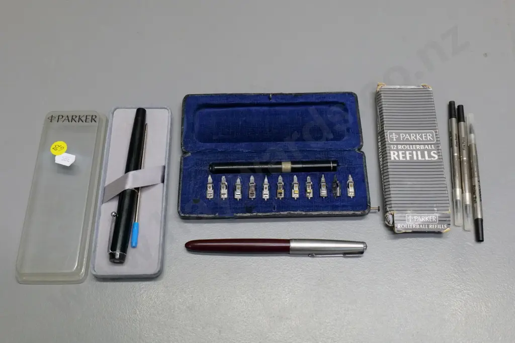 vintage cased Pelikan Graphos technical pen set, Parker fountain pen and Parker ballpoint pen, rollerball refills Image 1++