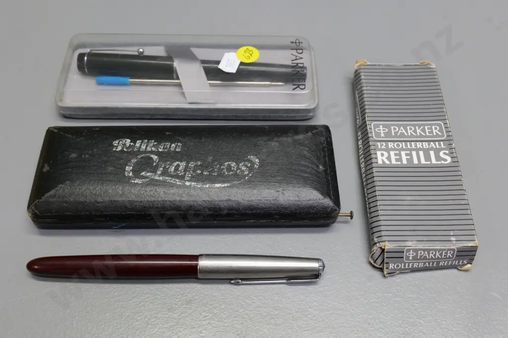 vintage cased Pelikan Graphos technical pen set, Parker fountain pen and Parker ballpoint pen, rollerball refills Image 1++